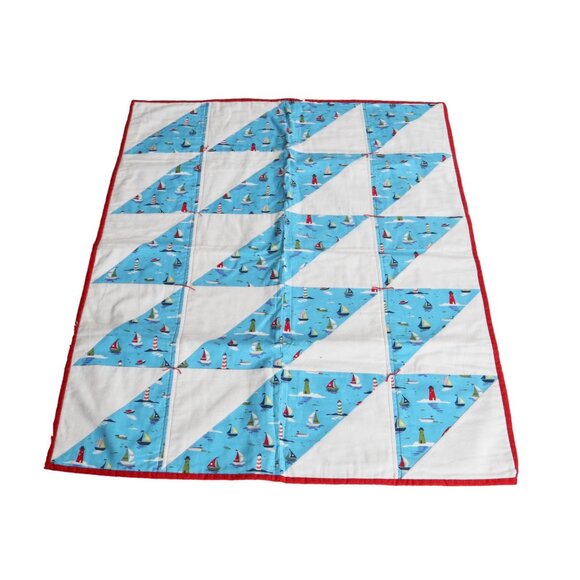 Vintage Handmade Baby Crib Blanket Sailboats Flannel Cotton Lighthouse - Picture 1 of 4